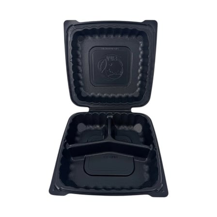 3-Compartment 9 x 9 black TFPP plastic clamshell to-go container.jpg