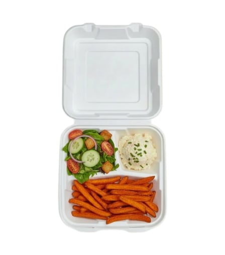 9 x 9 Heavy duty compostable bagasse clamshell take out container with fries, fresh salad, and mashed potatoes.jpg