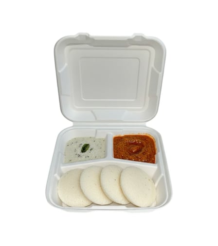 9 x 9 Heavy duty Compostable bagasse clamshell to-go container, 3-Compartments, white with idli and sambar.jpg