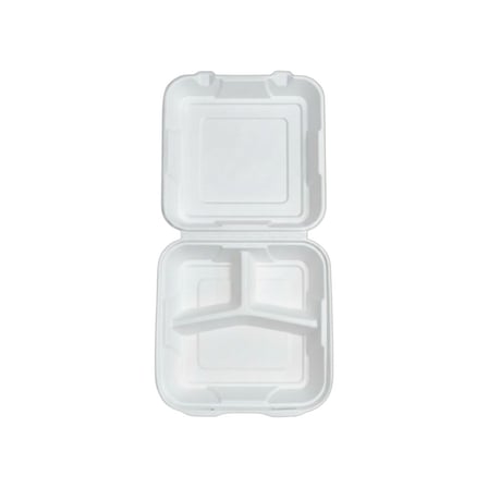 9 x 9 Heavy duty compostable bagasse clamshell to-go container, 3-compartments, white.jpg