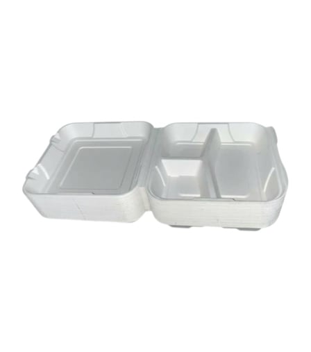 Stack of Heavy duty 9 x 9 white compostable clamshell containers​ with three compartments for food packaging.jpg