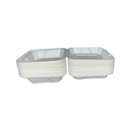Stack of Heavy duty 9 x 9 white compostable clamshell containers​ for food packaging.jpg