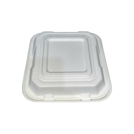 9 x 9 Heavy duty white compostable bagasse hinged take out container.jpg