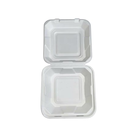 9 x 9 Heavy duty compostable bagasse clamshell to-go container, white.jpg