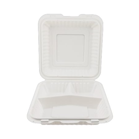 9 by 9 Inches White Microwavable PP Plastic Hinged Container, 3-Compartment.jpg
