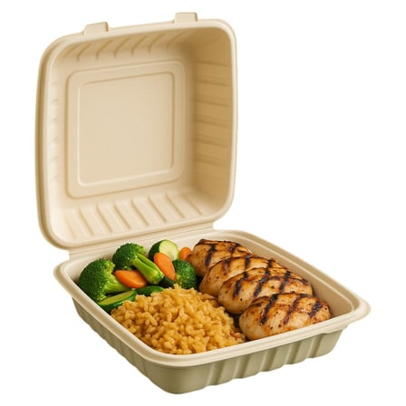 Open 9 x 9 x 3 MFPP Plastic Hinged Container filled with grilled chicken, rice, and vegetables.jpg
