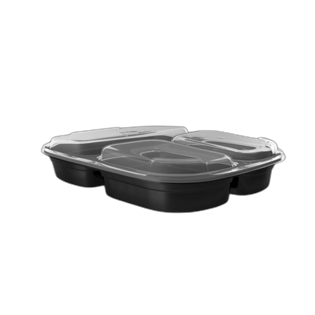 39 oz Microwaveable Black 3-Compartment Rectangular Microwavable Heavy Weight Container with Lid
