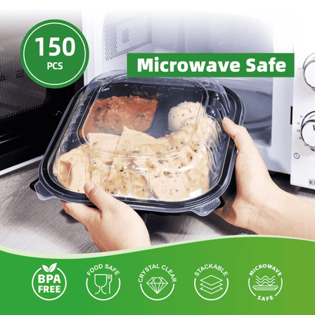9" x 10" Microwaveable 3-Compartment Black Base with Clear Hinged Lid Plastic Take-out Containers - (150/Case)