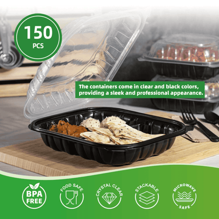 9" x 10" Microwaveable 3-Compartment Black Base with Clear Hinged Lid Plastic Take-out Containers - (150/Case)