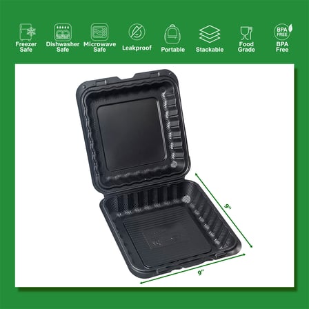 9" x 9" 1-Compartment Microwaveable Black Mineral-Filled Plastic Hinged Take-Out Containers - (150/Case)