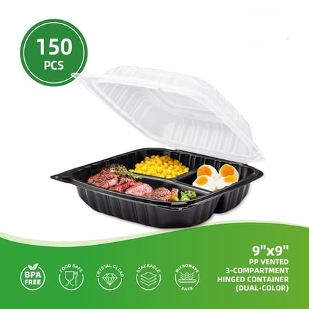 9 x 9 Microwaveable 3-Compartment Black Base with Clear Hinged Lid Plastic Take-out Container Specifications.jpg