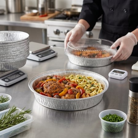 7 inches aluminum catering trays with roasted chicken, vegetables, and pasta in commercial kitchen.png