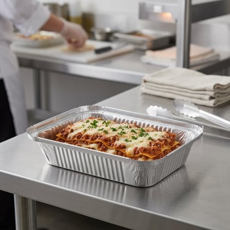 Freshly baked lasagna in 1.5 lb. Aluminum tray on stainless steel kitchen counter.png