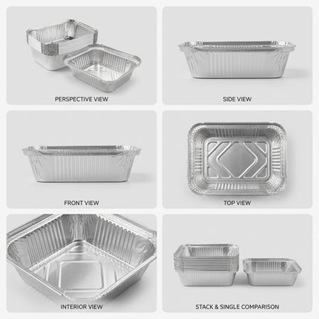 1 lb. Disposable aluminum foil food container, rectangular takeaway trays side and top views.png