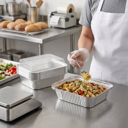 Chef preparing pasta in 1 lb. disposable aluminum foil food container for catering and takeaway meal prep.png