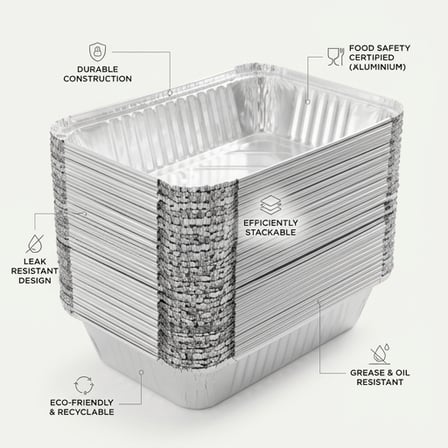 Stackable disposable 2.25 lb. Aluminum foil food containers with leak-resistant, grease-proof design.png