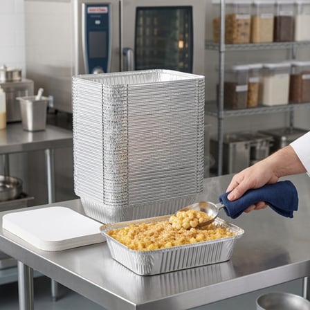 Disposable 2.25 lb. aluminum foil catering trays filled with macaroni and cheese in a commercial kitchen.png