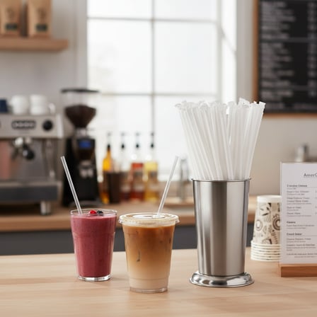 A large bundle of 10 Inches paper-wrapped straws stands upright in a stainless steel holder.png