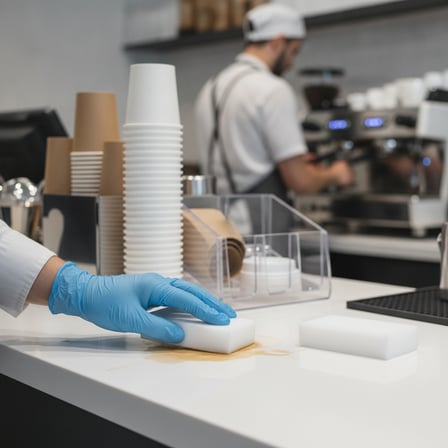 Person Cleaning a Café Countertop with White Eraser Sponge