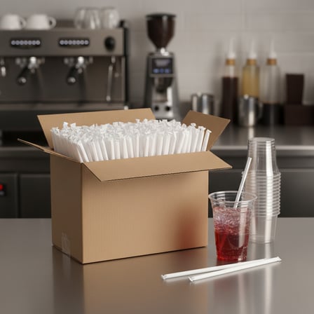 A bulk cardboard box filled with 7 inches tightly packed, paper-wrapped straws.png