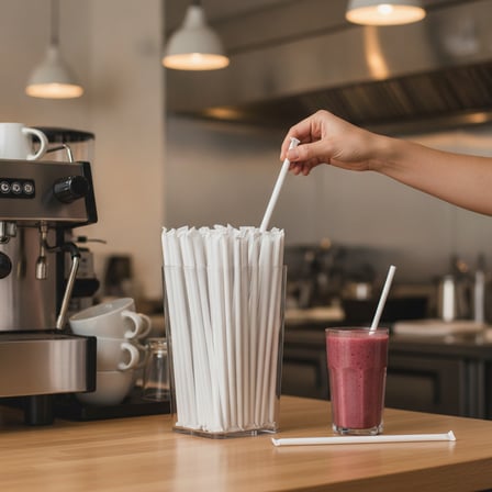A person's hand pulling 7 Inches White Jumbo Wrapped Paper Straw..png