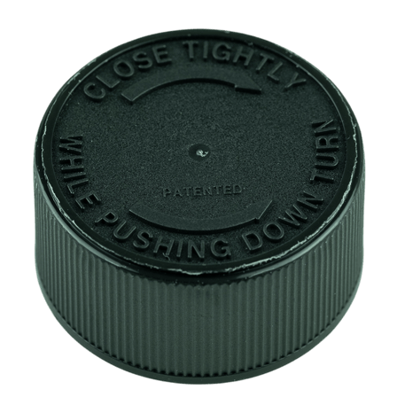 Black CRC (Child Resistant Closure) Cap 28-400 PUSH & TURN TEXT .035" Pulp HS-035 (2600/case)