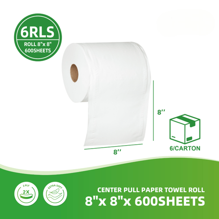 White 2-Ply Center Pull Paper Towel Roll 8" x 8" x 600' - (6-Roll/Case)