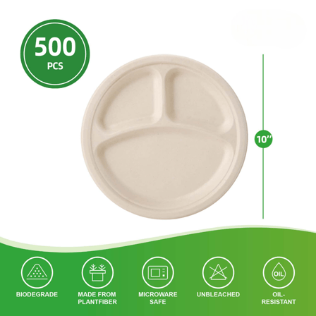 10'' 3-compartment PFAS Free Natural Compostable Bagasse Round Plates - (500/Case)