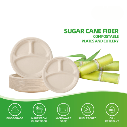 10'' 3-compartment PFAS Free Natural Compostable Bagasse Round Plates - (500/Case)