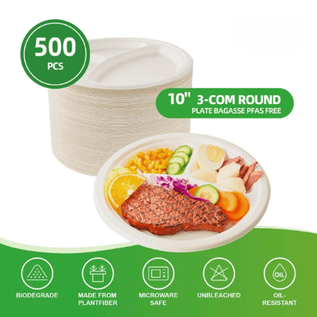 10'' 3-compartment PFAS Free Natural Compostable Bagasse Round Plates - (500/Case)