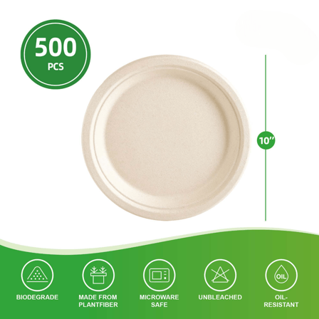 10'' PFAS Free Natural Compostable Bagasse Round Plates - (500/Case)