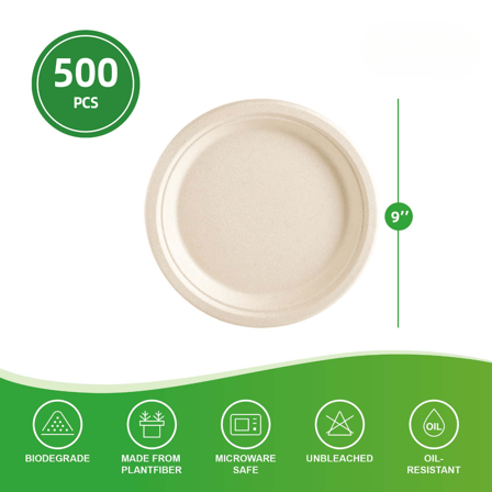9'' PFAS Free Natural Compostable Bagasse Round Plates - (500/Case)