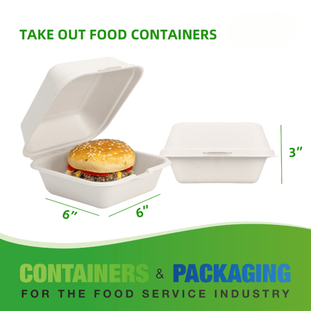 6" x 6" x 3" No PFAS Added 1-Compartment Bagasse Hinged Take-Out Containers - (500/Case)