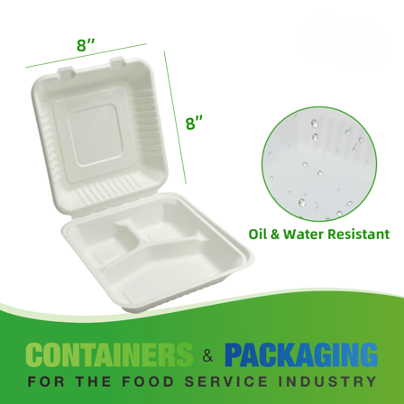 8" x 8" No PFAS Added 3-Compartment Bagasse Hinged Take-Out Containers - (200/Case)