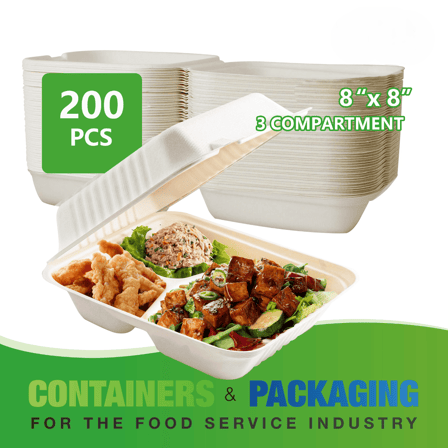 8" x 8" No PFAS Added 3-Compartment Bagasse Hinged Take-Out Containers - (200/Case)
