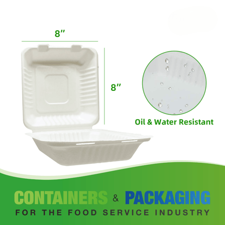 8" x 8" No PFAS Added 1-Compartment Bagasse Hinged Take-Out Containers - (200/Case)