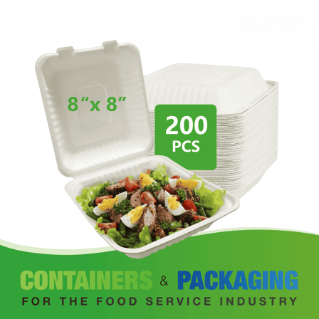 8" x 8" No PFAS Added 1-Compartment Bagasse Hinged Take-Out Containers - (200/Case)