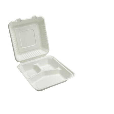 9" x 9" No PFAS Added 3-Compartment Bagasse Hinged Take-Out Containers - (200/Case)