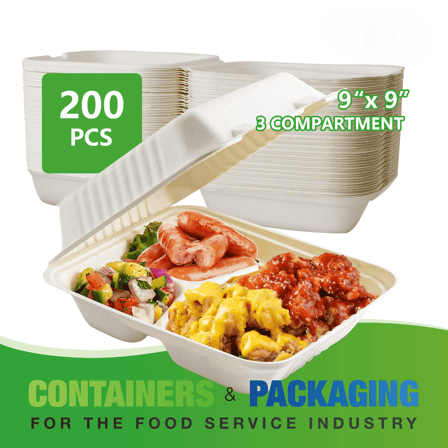 9" x 9" No PFAS Added 3-Compartment Bagasse Hinged Take-Out Containers - (200/Case)