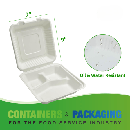 9" x 9" No PFAS Added 3-Compartment Bagasse Hinged Take-Out Containers - (200/Case)