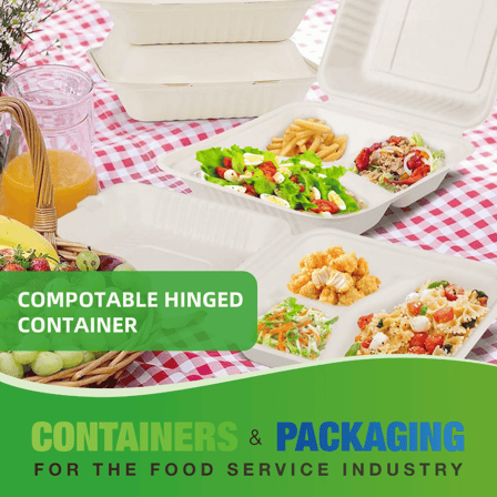 9" x 9" No PFAS Added 3-Compartment Bagasse Hinged Take-Out Containers - (200/Case)