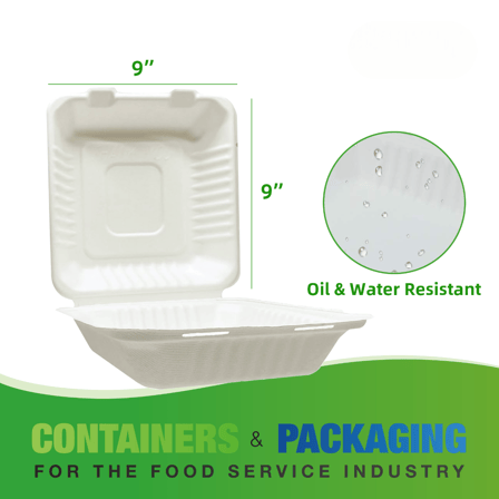 9" x 9" No PFAS Added 1-Compartment Bagasse Hinged Take-Out Containers - (200/Case)