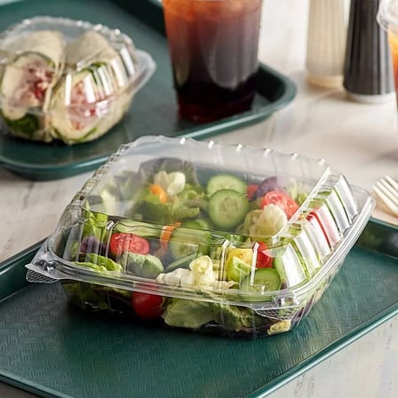Dart 8 14 x 8 14 x 3 Clear Hinged Take-Out Container with fresh salad.jpg