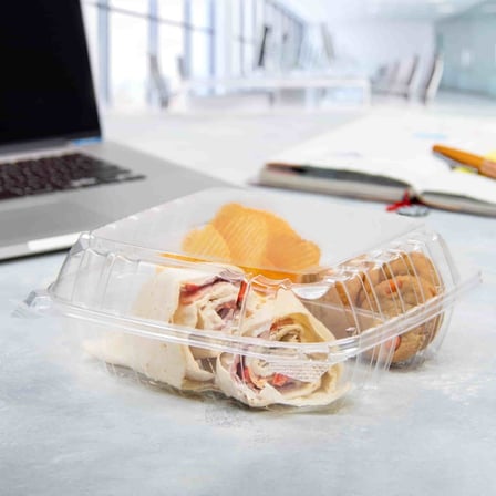 Dart ClearSeal C90PST3 3-Compartment Hinged Lid PS Plastic Container with food, 8 x 8 x 3.jpg