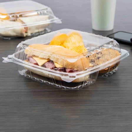 Dart ClearSeal C95PST3 3-Compartment Clear Hinged Lid Plastic Container with Food Inside, 8  x 9 x 3.jpg