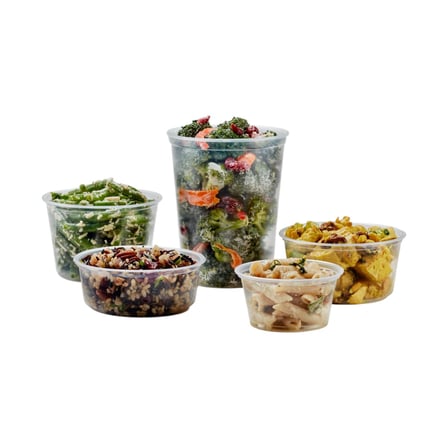 All Sizes of Fabri-Kal & Pro-Kal Clear PP Round Deli Containers with Food Inside.jpg