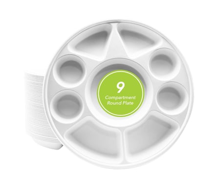Round compostable bagasse 9-compartment plates, white.jpg