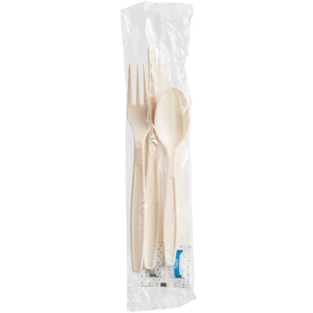Heavy Weight Beige Wrapped PP Plastic Cutlery Kit - Fork, Knife, Spoon, Napkin, Salt & Pepper