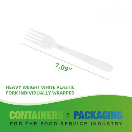 7" White Heavy Weight Individually Wrapped Plastic Forks - (1000/Case)