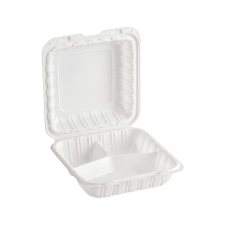 Open 8 by 8 Inches White Mineral-Filled Plastic Hinged Container, 3-Compartment.jpg